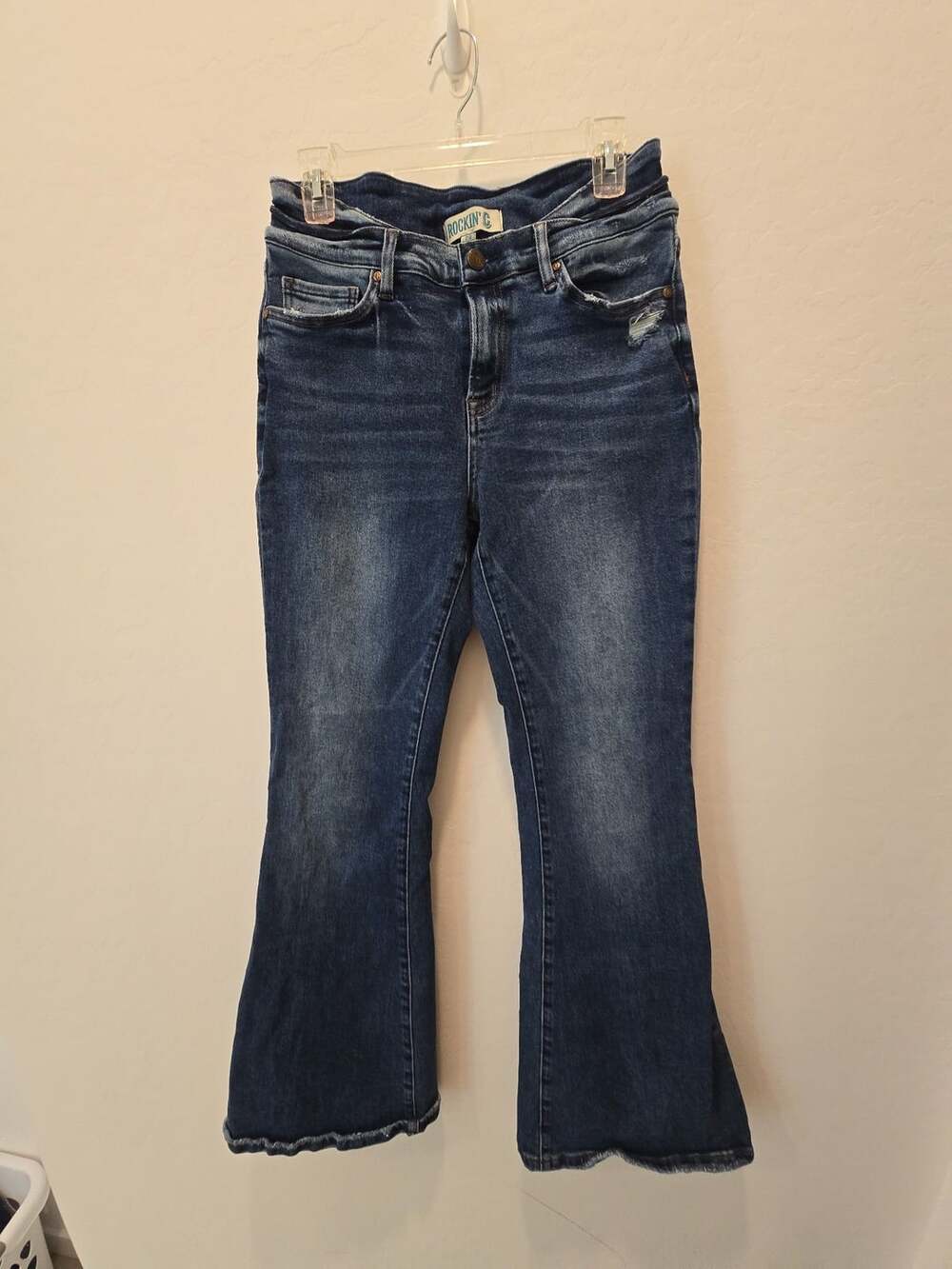 Rockin C Flare Jeans Size 29 Blue Denim Distressed Raw Hem